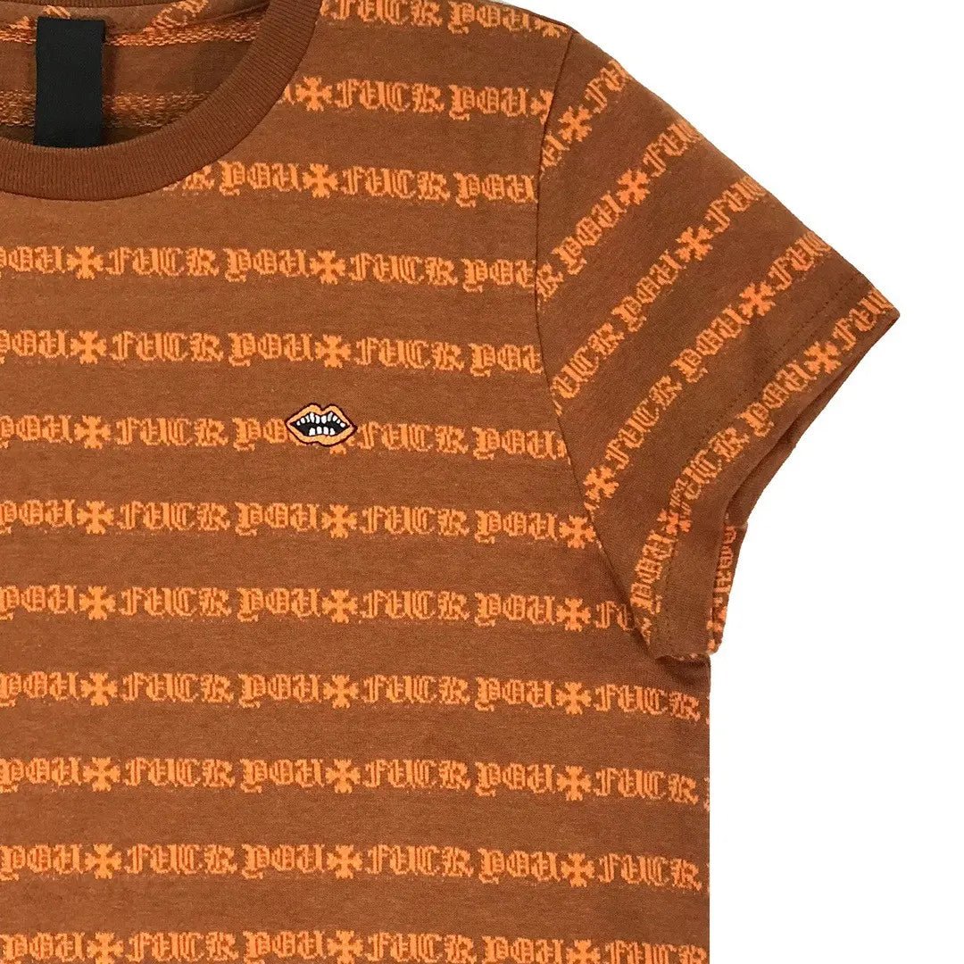 Chrome Hearts Red Lips Script Stripe Tee in Brown & Orange