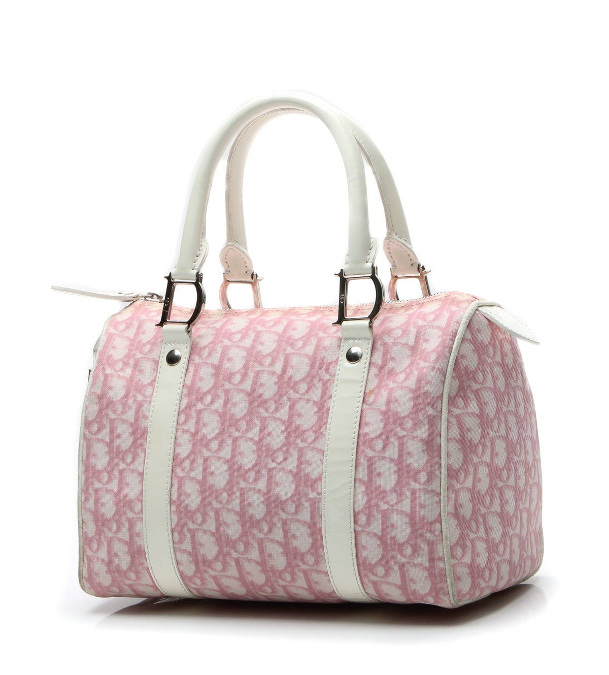 Front view of the Dior Girly Boston bag in pink and white Diorissimo canvas