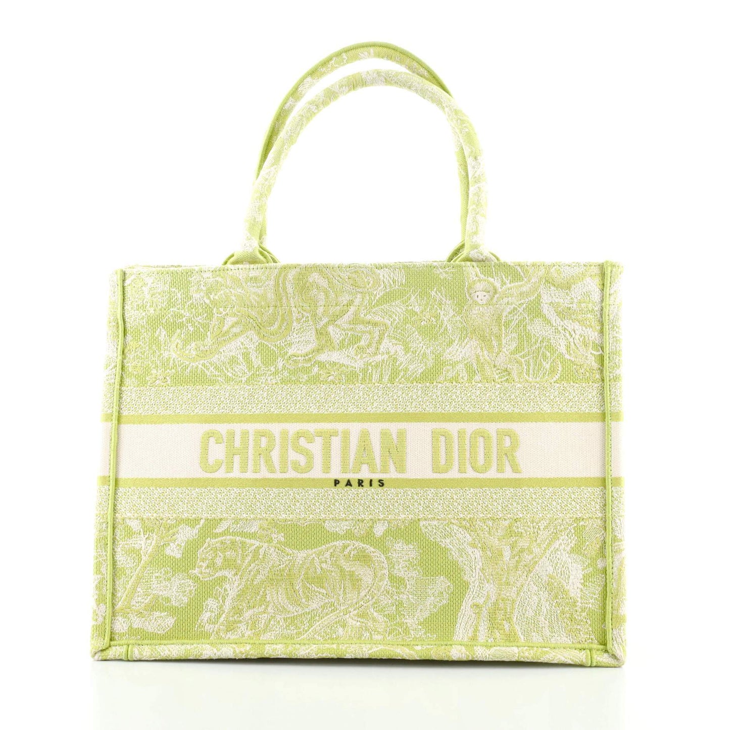 Front view of the Christian Dior Book Tote in green canvas
