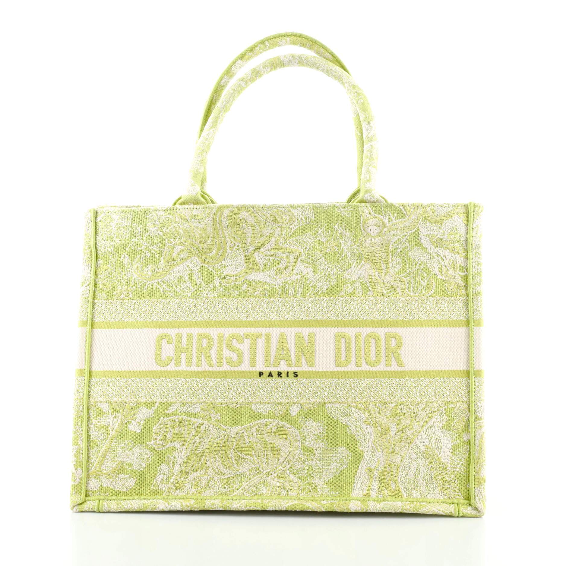 Front view of the Christian Dior Book Tote in green canvas