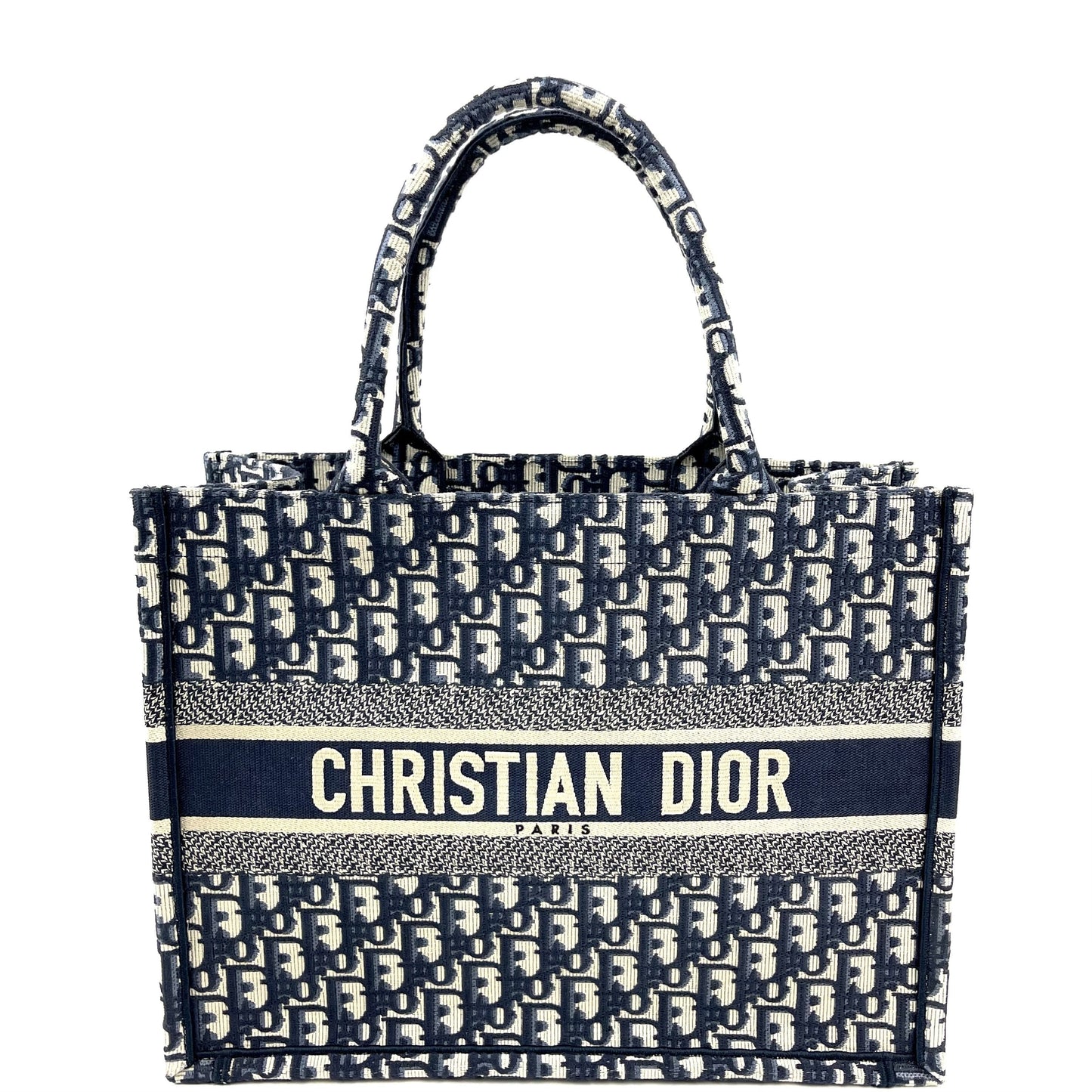 Front view of the Dior Small Book Tote in Oblique canvas