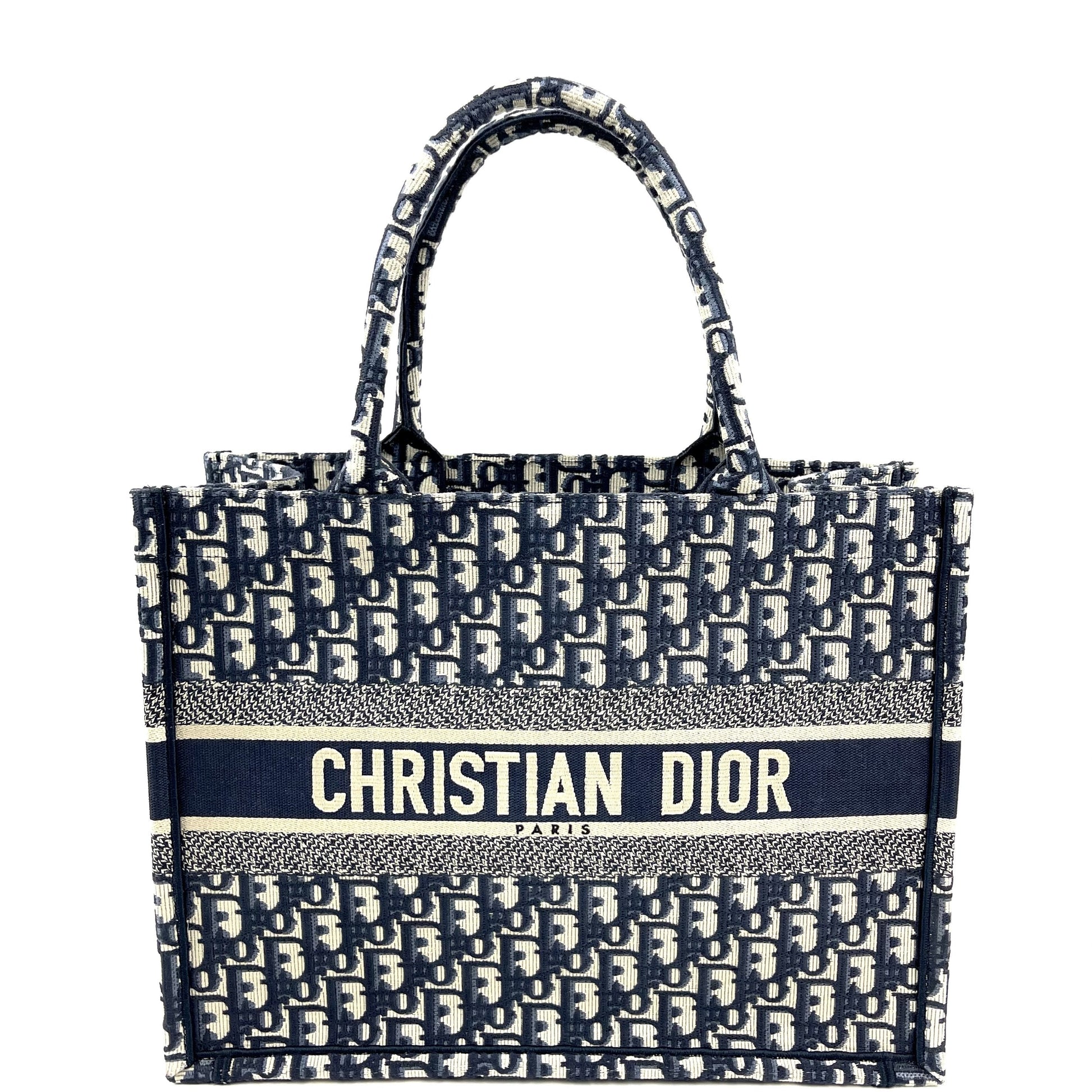Front view of the Dior Small Book Tote in Oblique canvas