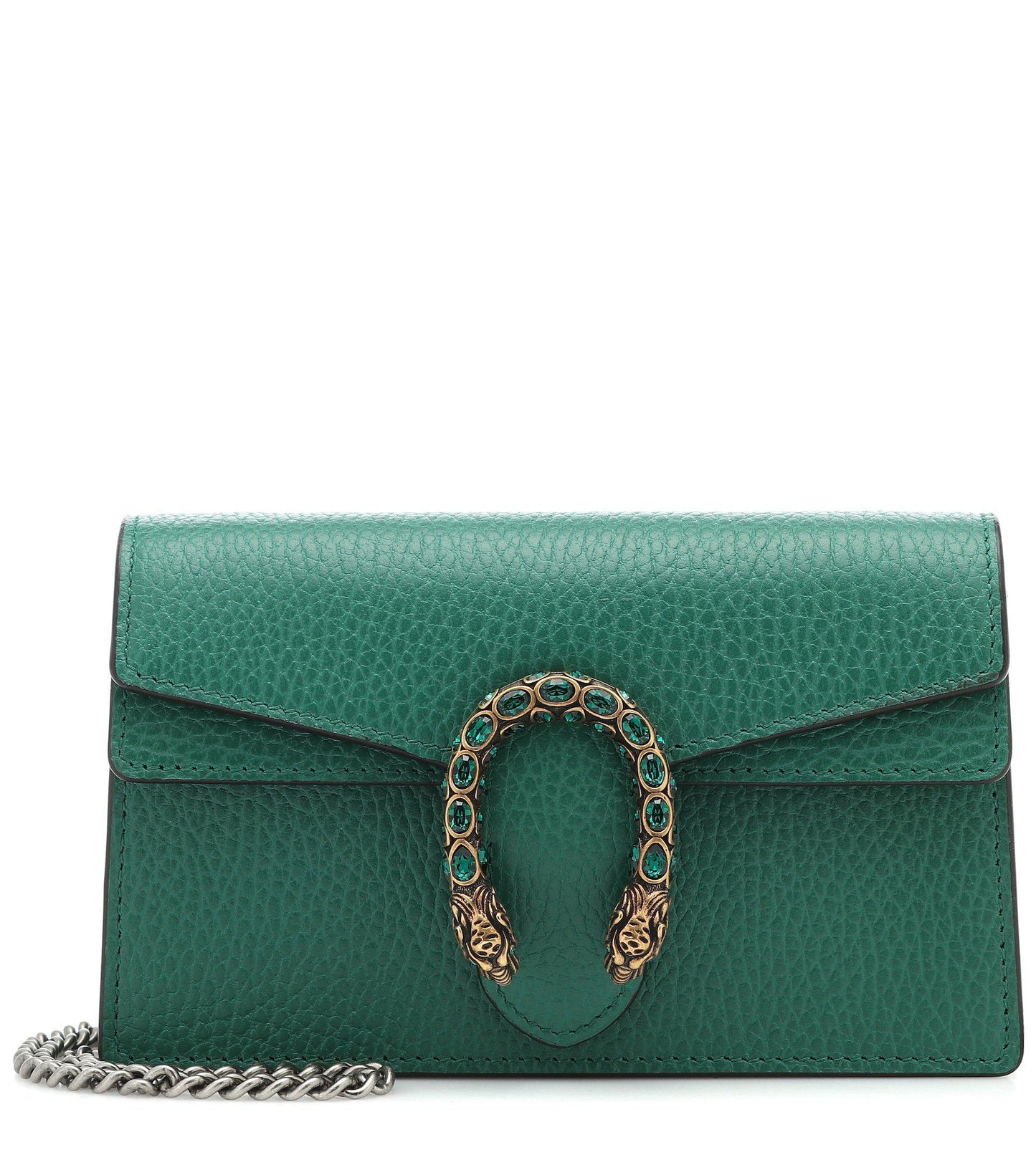 A close-up of the textured emerald leather