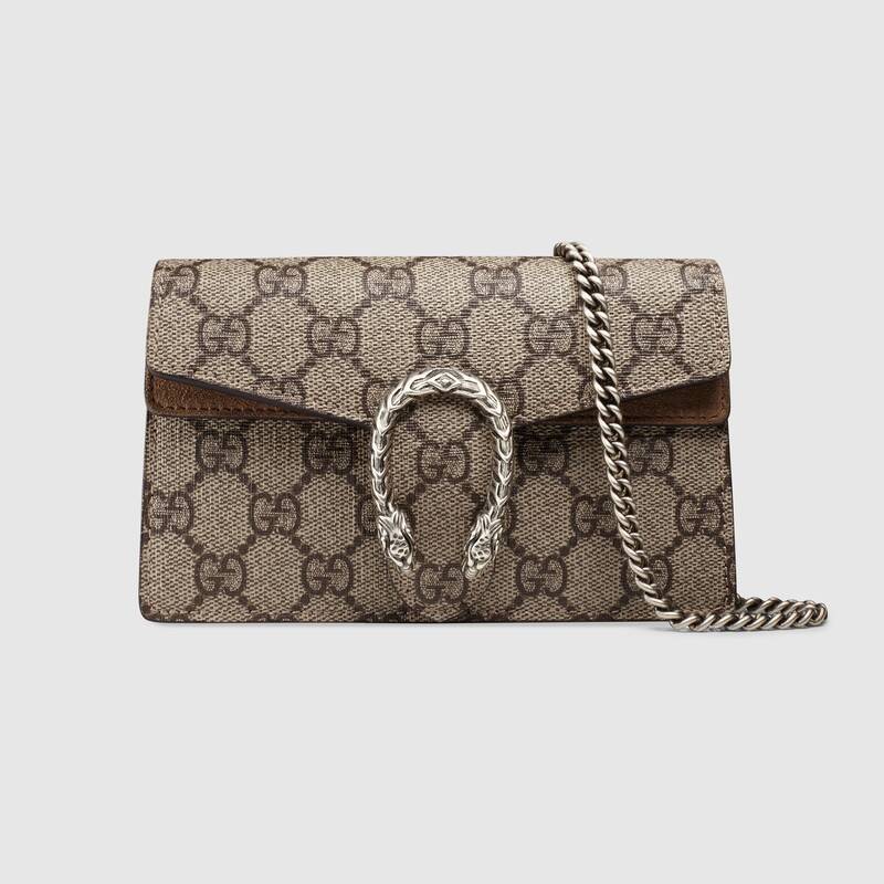 Front view of the Gucci Dionysus Super Mini in GG Supreme canvas