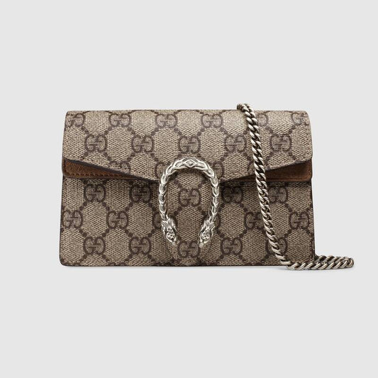 Front view of the Gucci Dionysus Super Mini in GG Supreme canvas