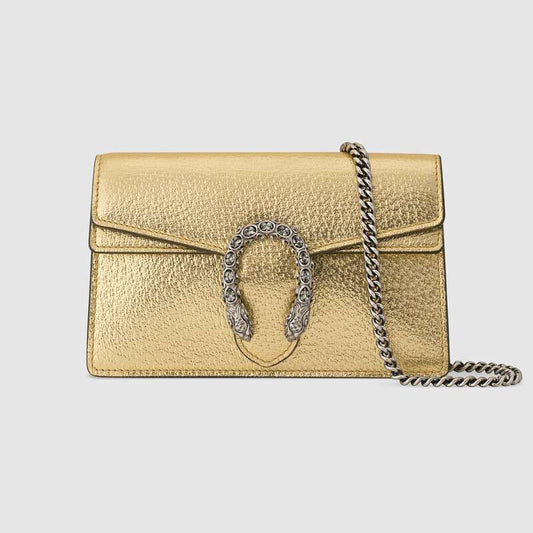 The Gucci Dionysus Super Mini in gold lamé leather is displayed upright