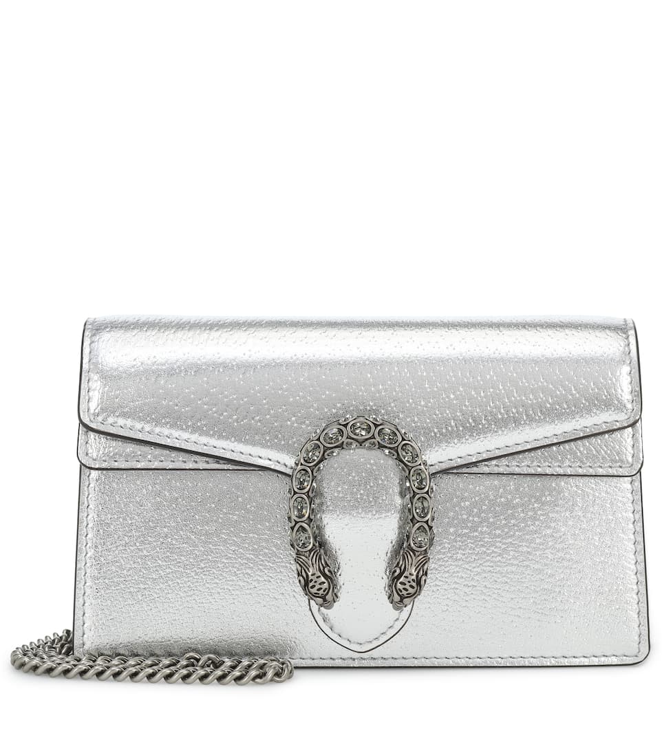 Front view of the Gucci Dionysus Super Mini in grained silver leather
