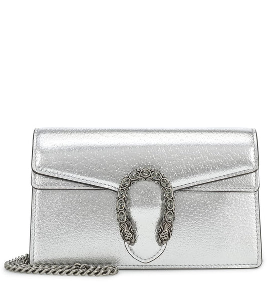 Front view of the Gucci Dionysus Super Mini in grained silver leather