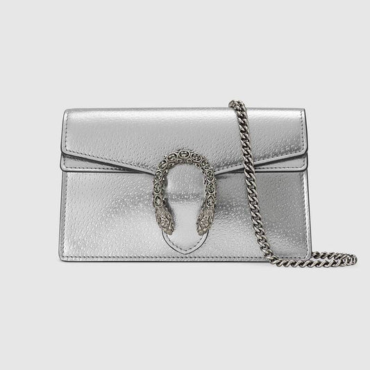 A close-up of the shimmering silver lamé leather texture