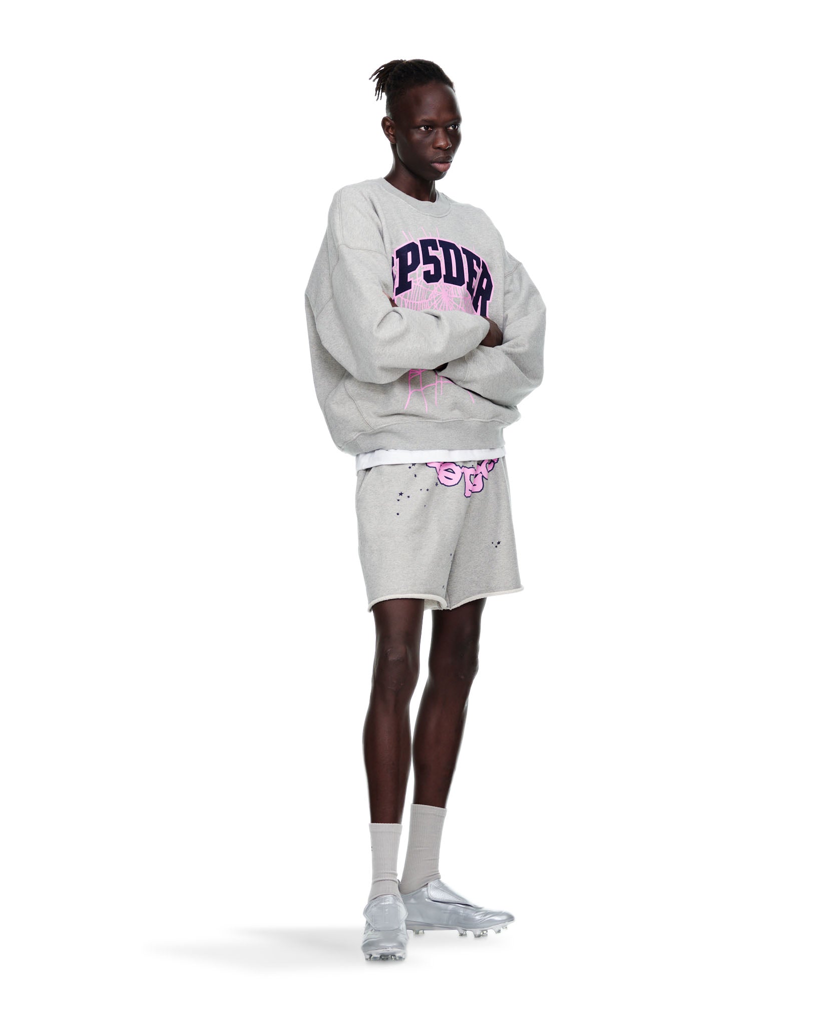 Folded flat view of SP5DER OG Logo Sweatshort in Grey
