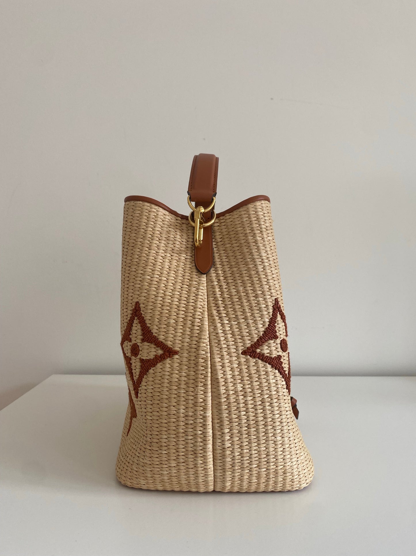 Louis Vuitton NeoNoe MM Raffia Monogram Bucket Bag M57704 Caramel Tan Beige