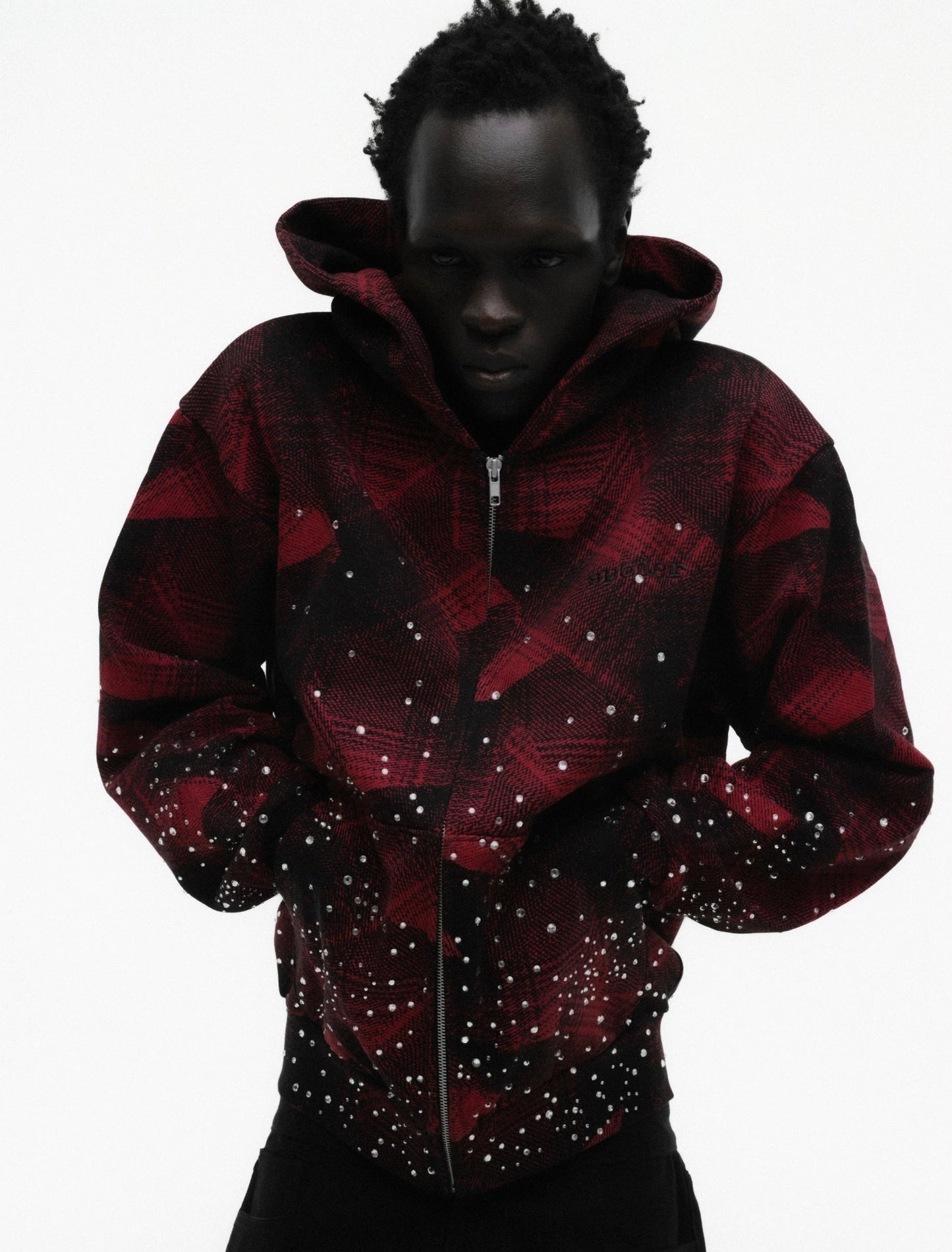 SP5DER Star Plaid Full-Zip Hoodie - Black - Detail View 12