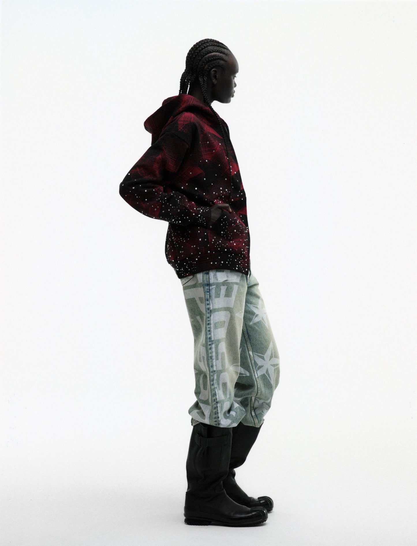 SP5DER Star Plaid Full-Zip Hoodie - Black - Detail View 9