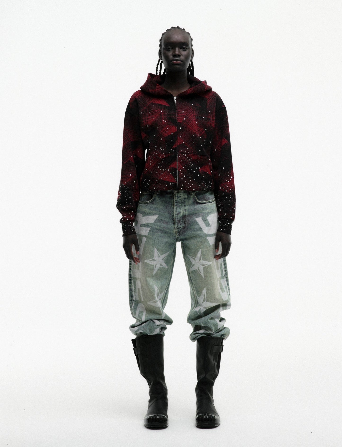 SP5DER Star Plaid Full-Zip Hoodie - Black - Detail View 7
