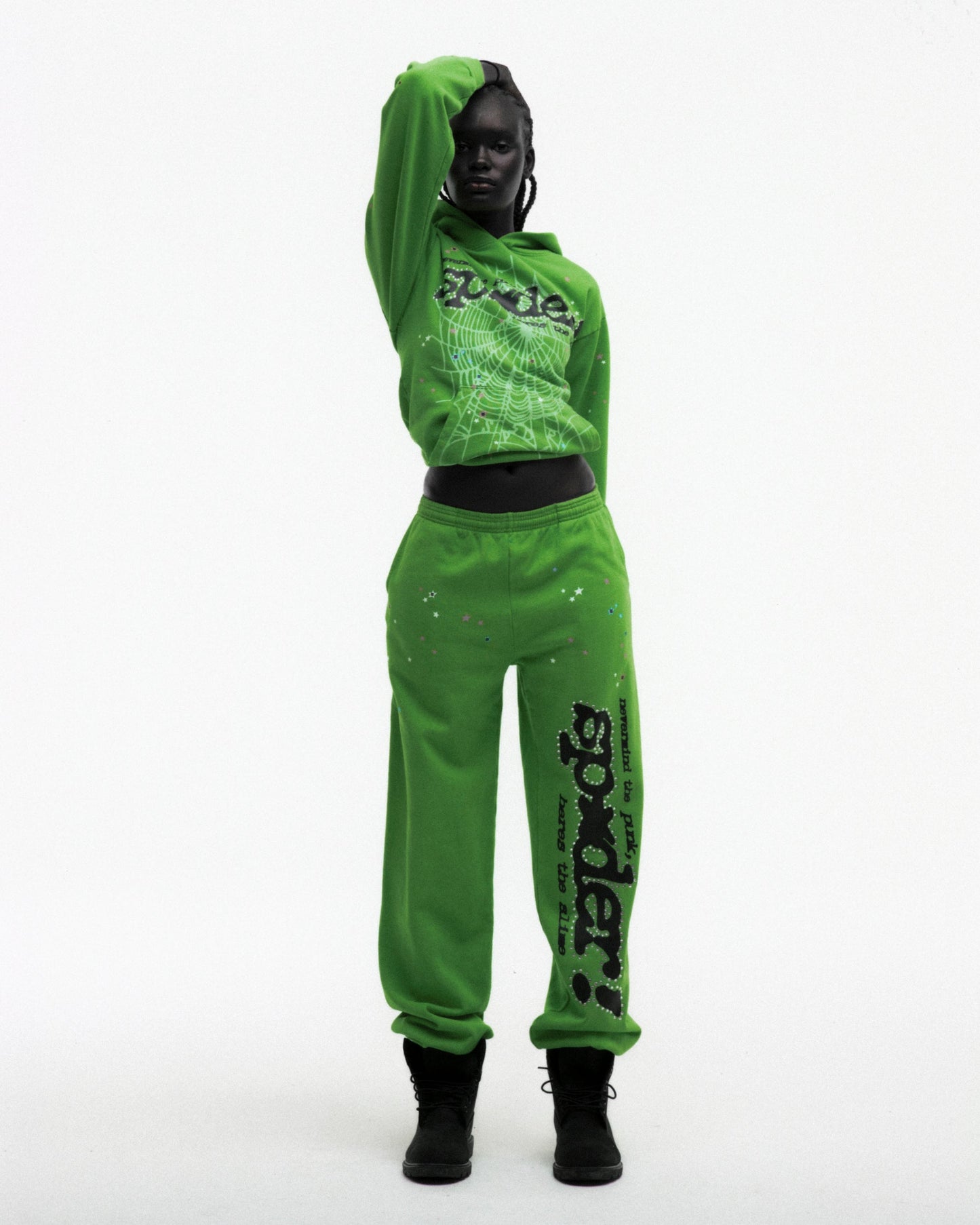 SP5DER Punk V2 Rhinestone Hoodie - Bright Green - Detail View 8