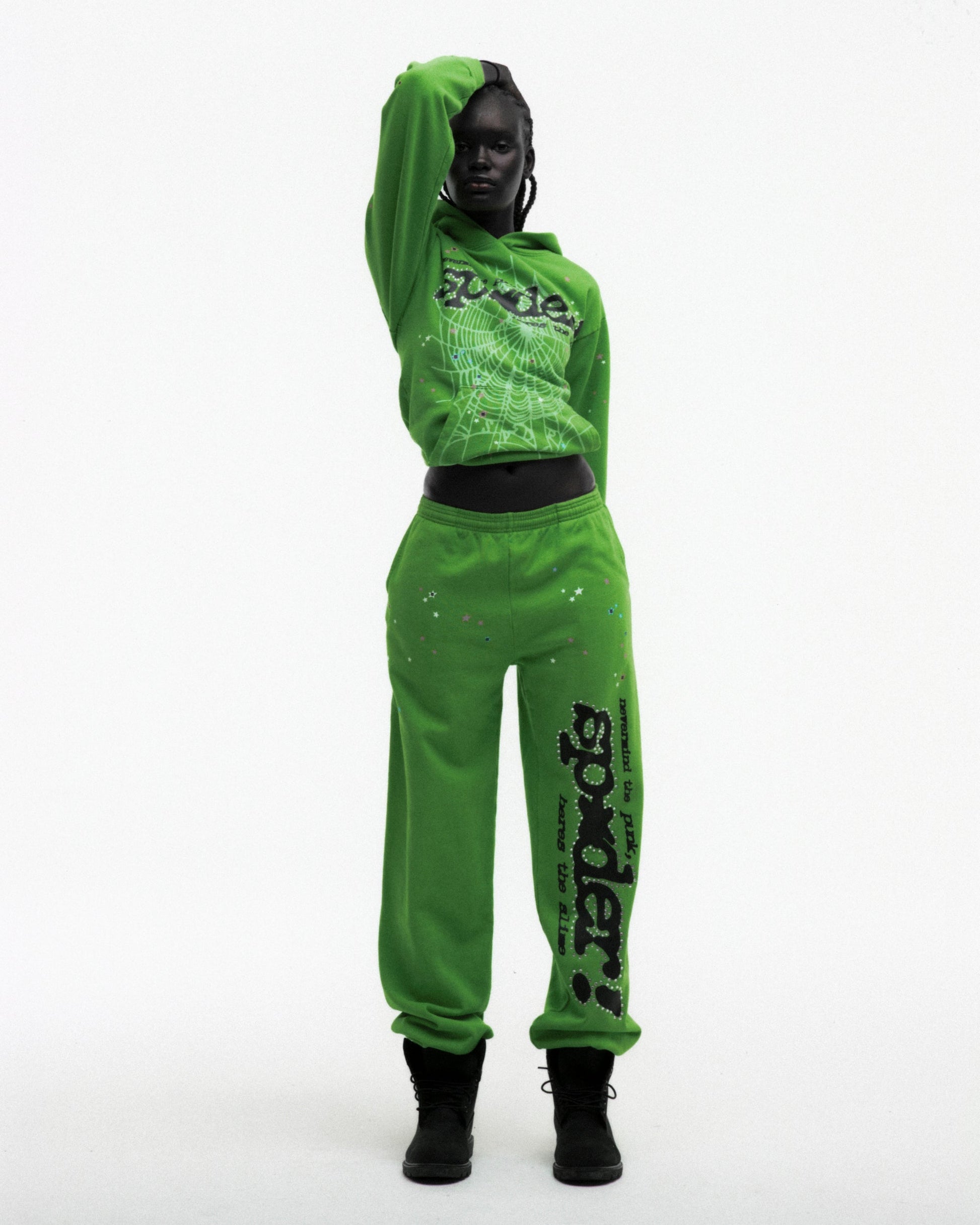 SP5DER Punk V2 Rhinestone Hoodie - Bright Green - Detail View 8