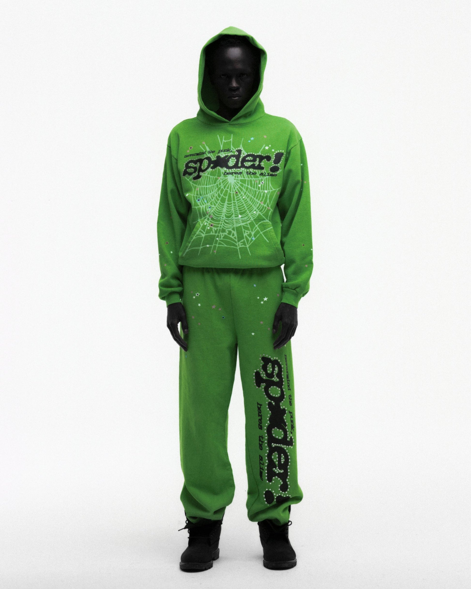 SP5DER Punk V2 Rhinestone Hoodie - Bright Green - Detail View 5