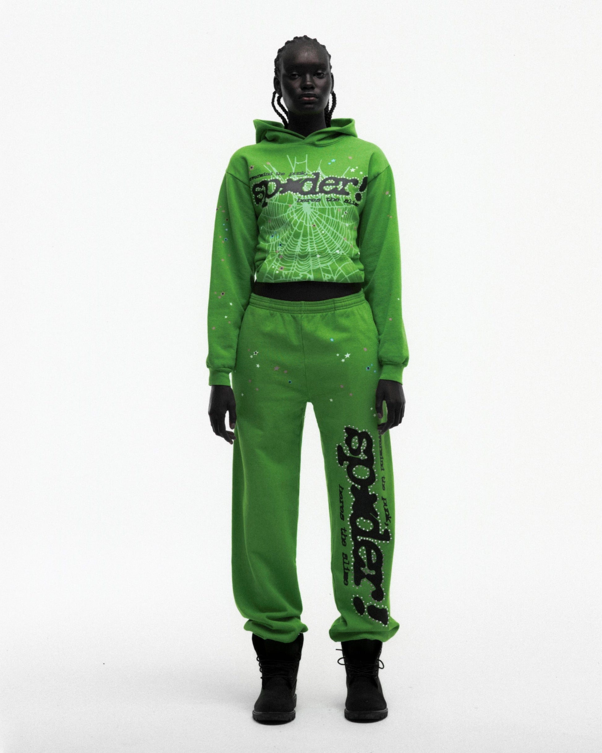 SP5DER Punk V2 Rhinestone Hoodie - Bright Green - Detail View 6