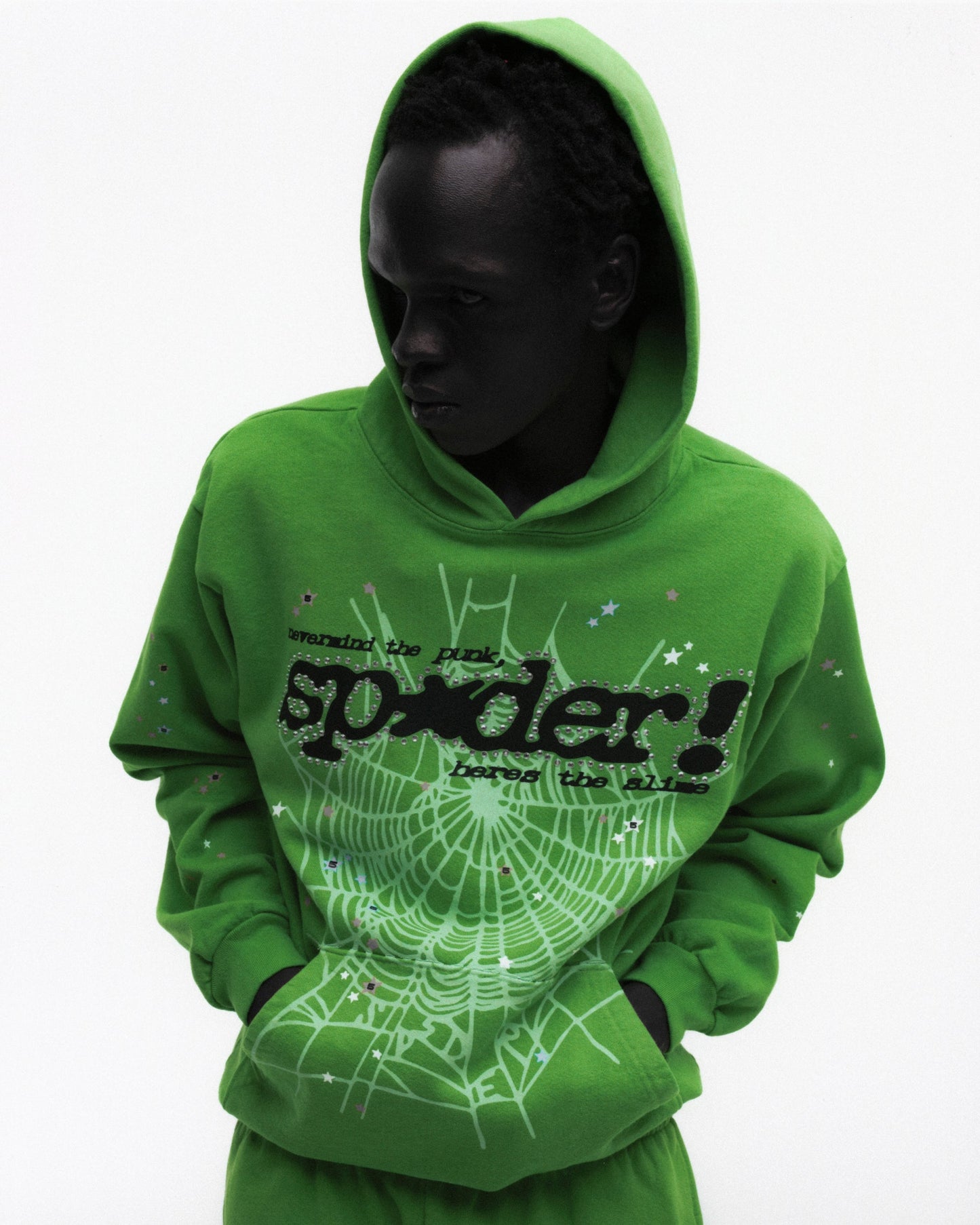 SP5DER Punk V2 Rhinestone Hoodie - Bright Green - Detail View 10