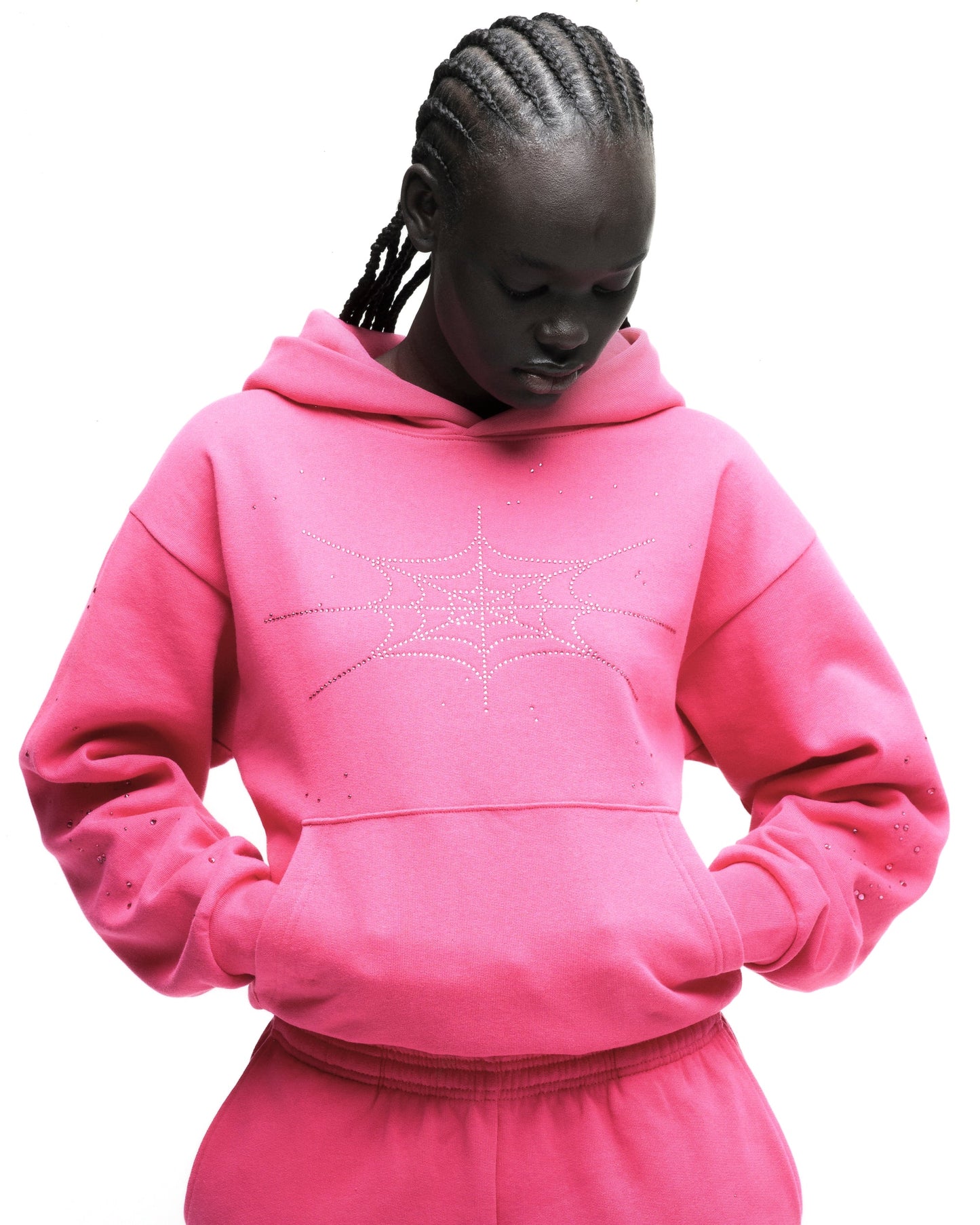 SP5DER Rhinestone Silk Hoodie - Pink - Detail View 18