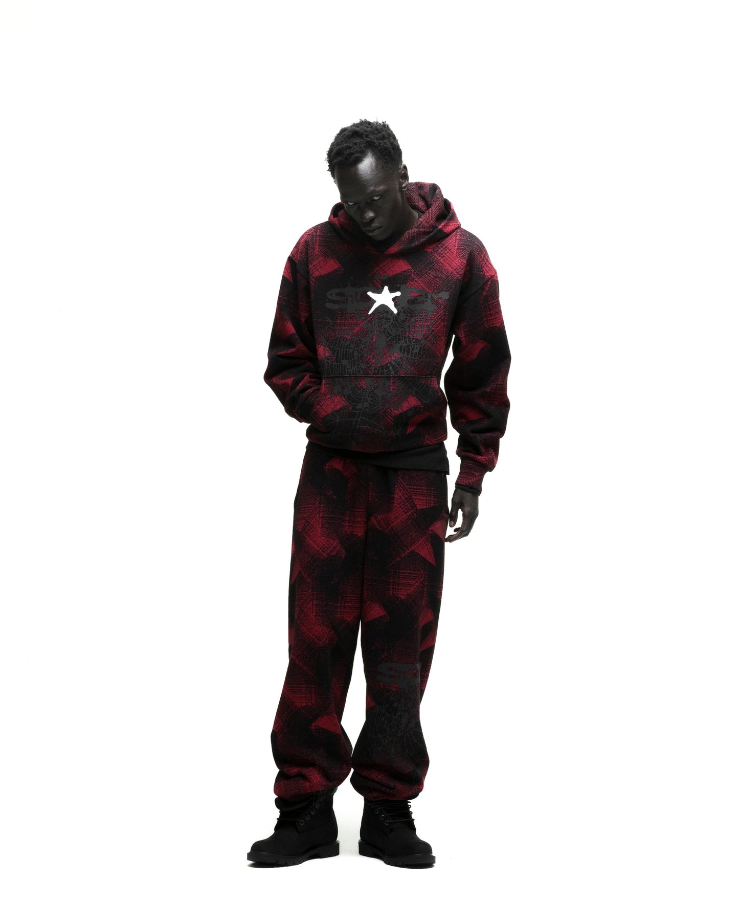 SP5DER Plaid Splatter Hoodie - Black - Detail View 7