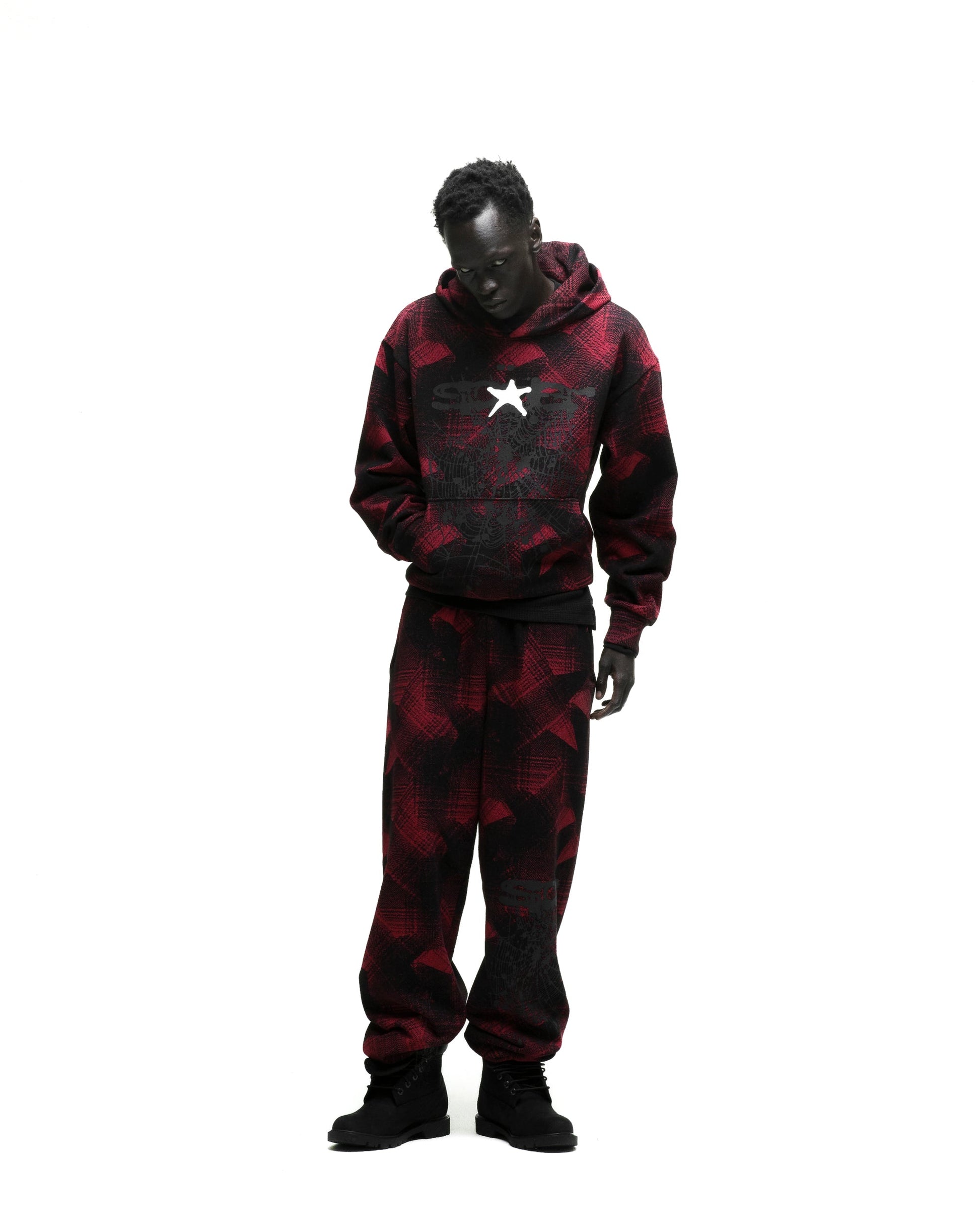 SP5DER Plaid Splatter Hoodie - Black - Detail View 7