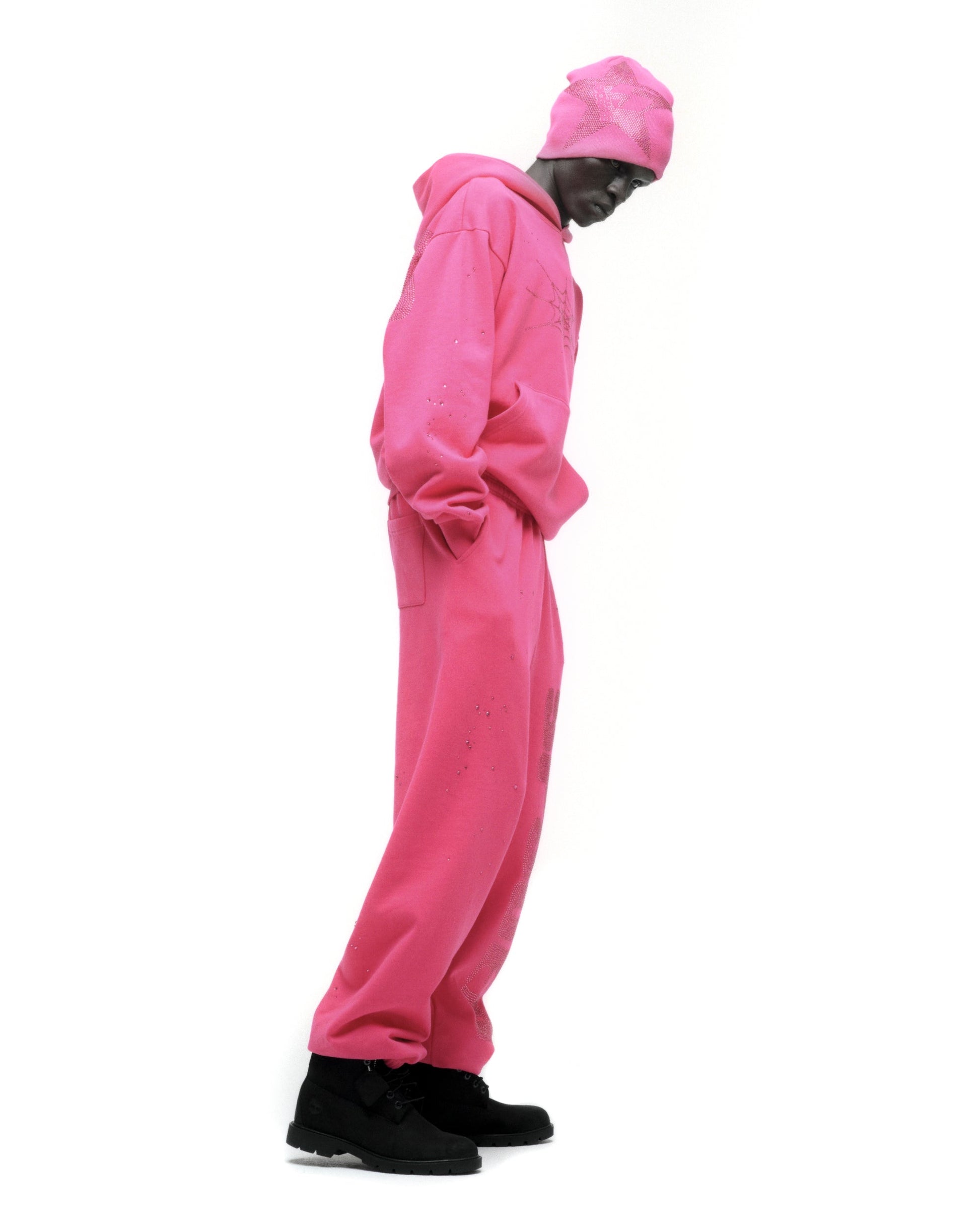 SP5DER Rhinestone Silk Hoodie - Pink - Detail View 13
