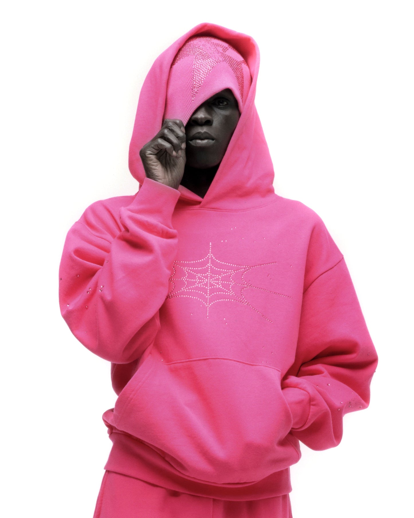 SP5DER Rhinestone Silk Hoodie - Pink - Detail View 17