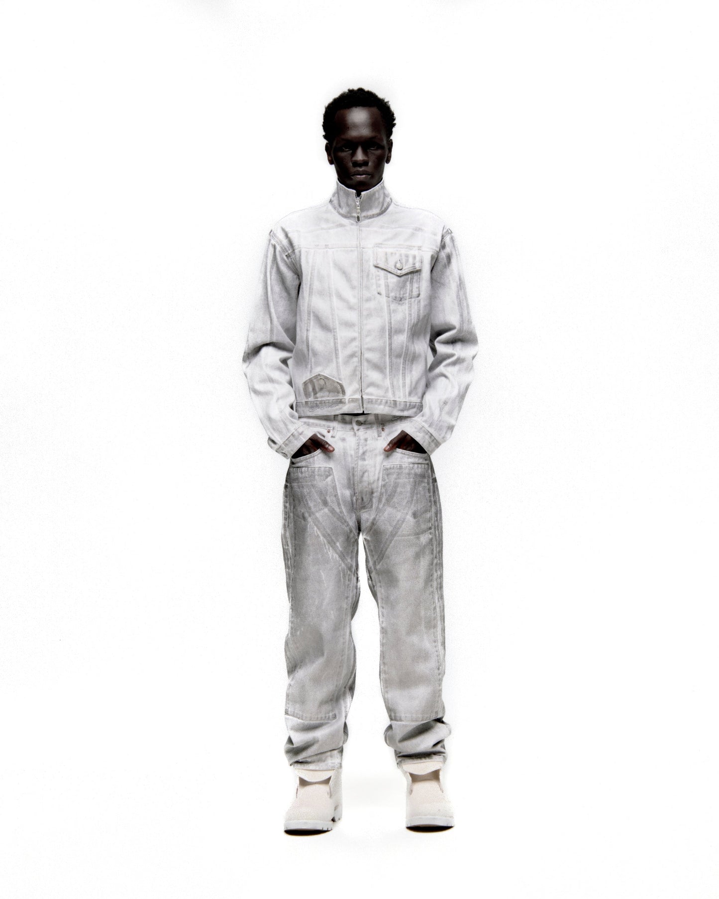 Full look front view of SP5DER Platinum Trucker Jacket in Grey