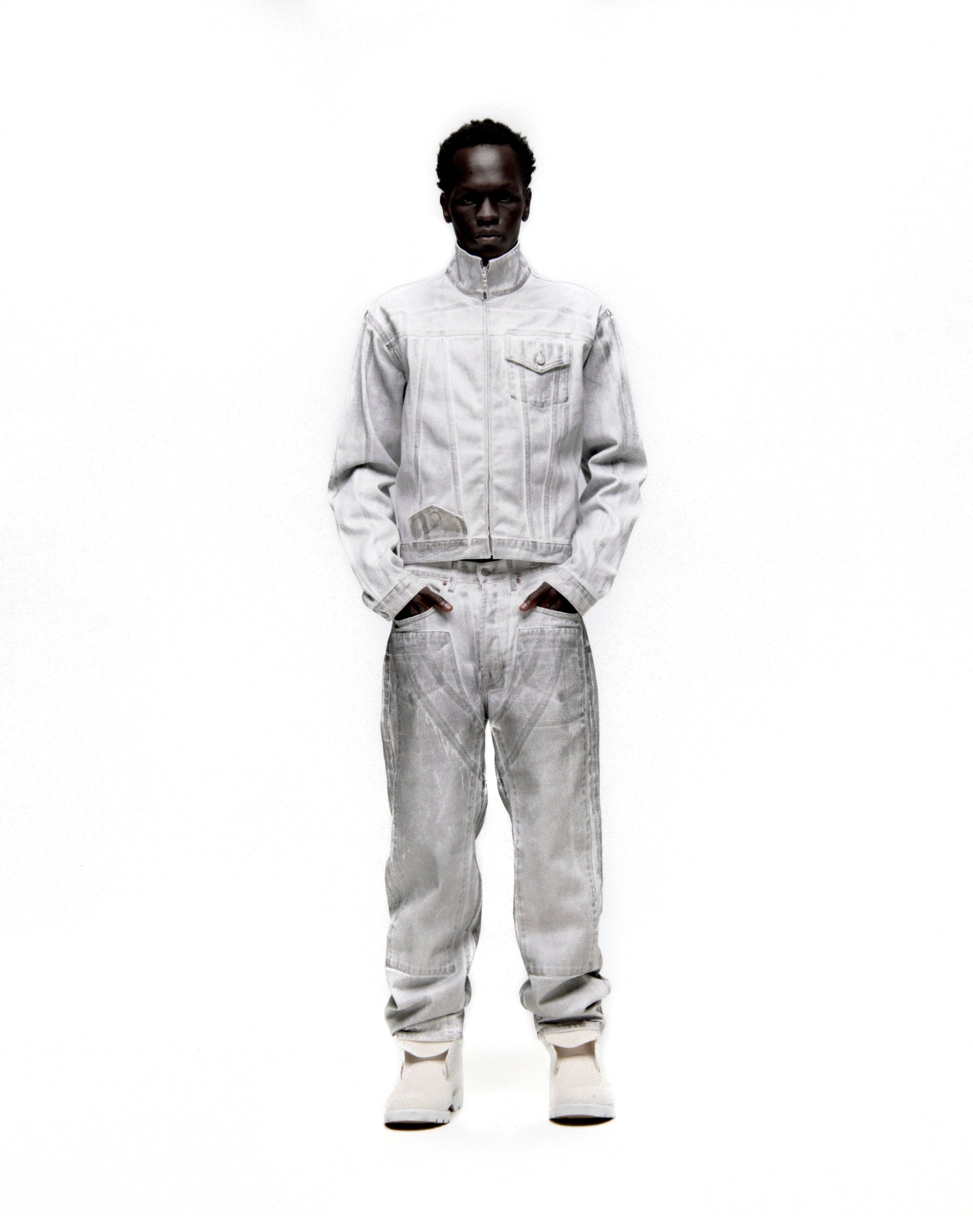 Full look front view of SP5DER Platinum Trucker Jacket in Grey