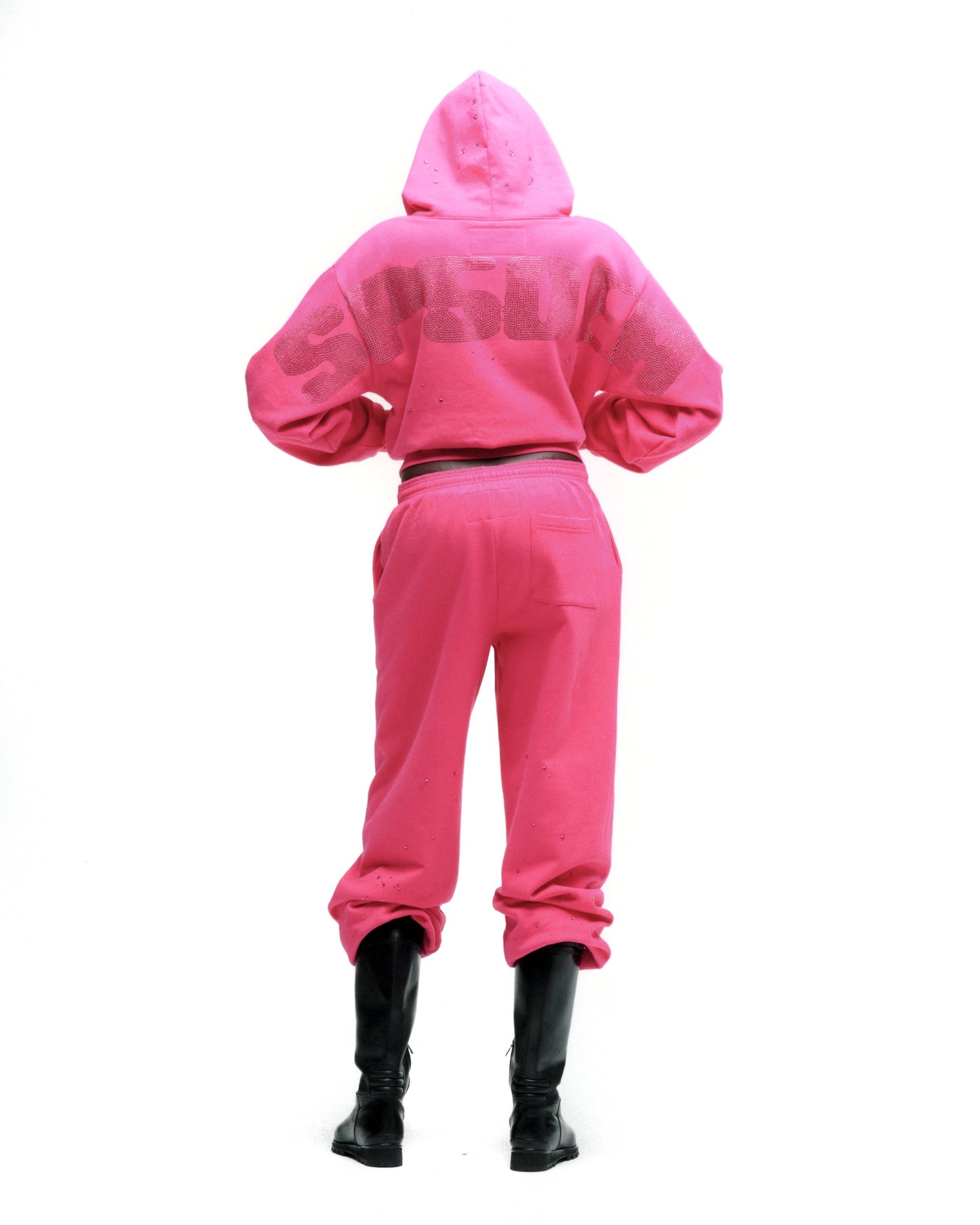 SP5DER Rhinestone Silk Hoodie - Pink - Detail View 16