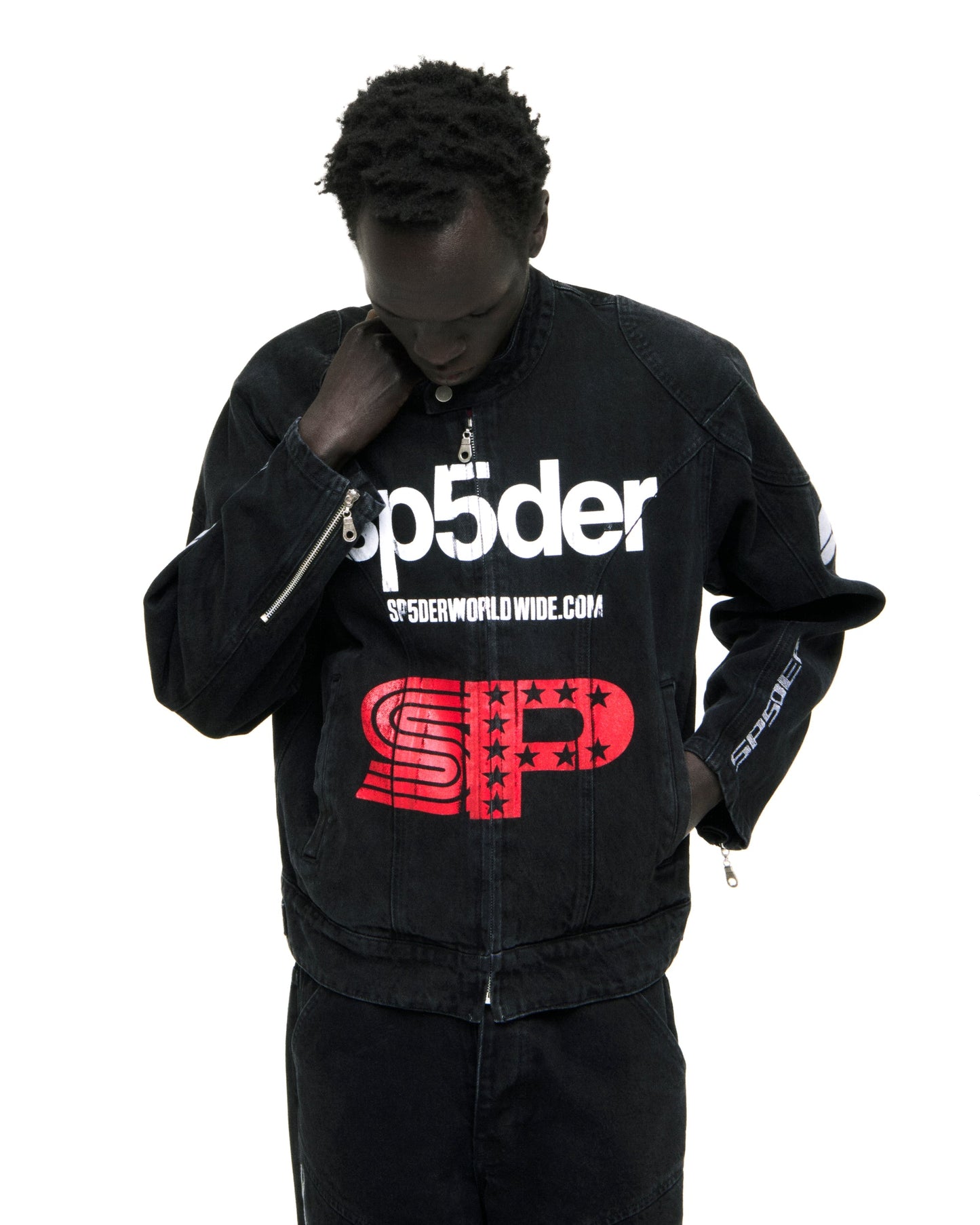 SP5DER Motorsport Denim Jacket in Black