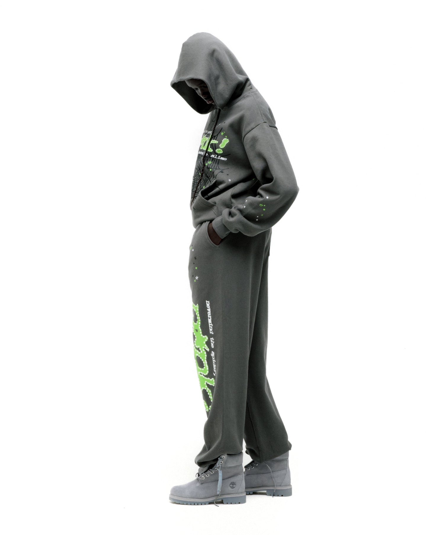 SP5DER Punk V2 Star Print Hoodie - Slate Grey - Detail View 12