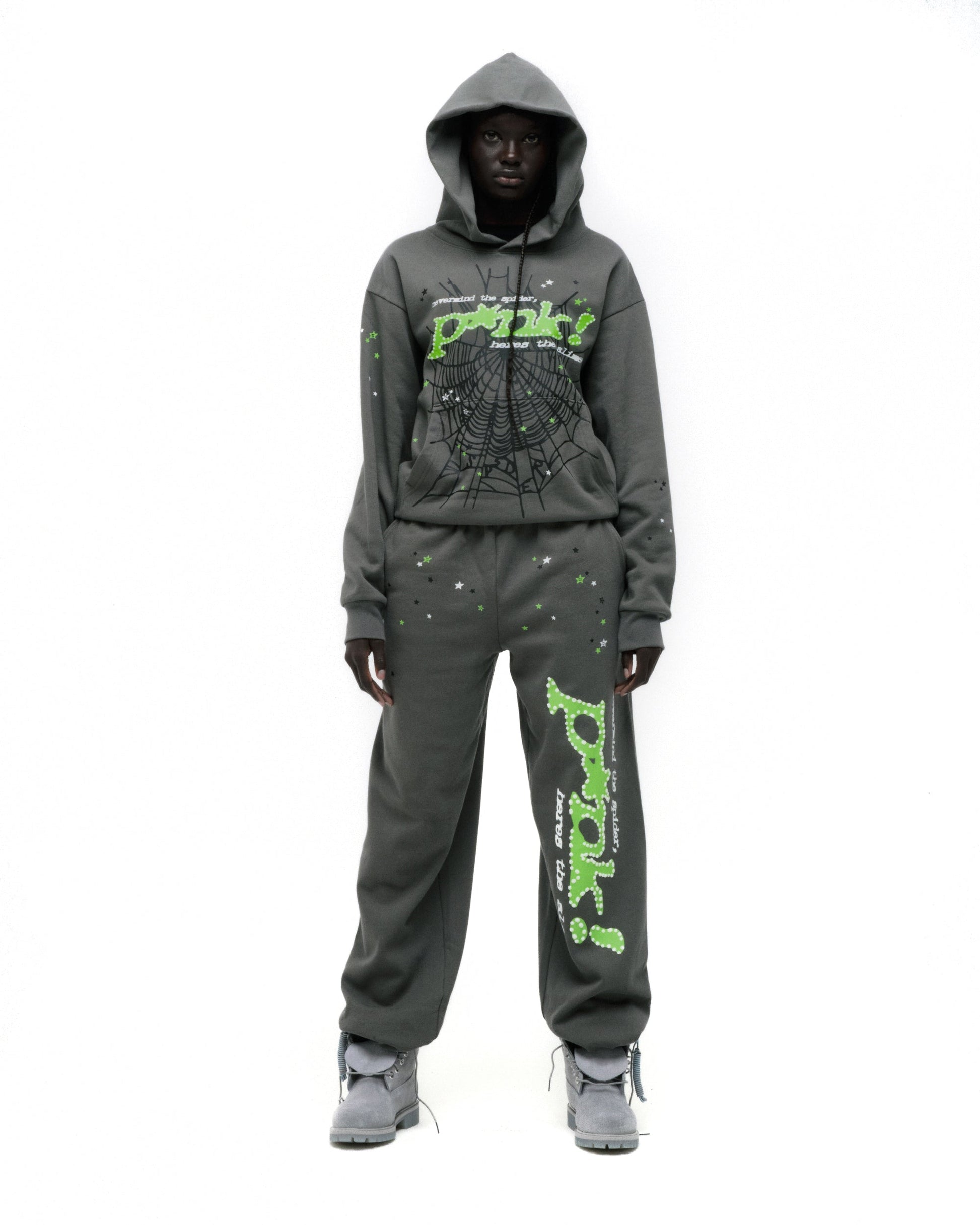 SP5DER Punk V2 Star Print Hoodie - Slate Grey - Detail View 8