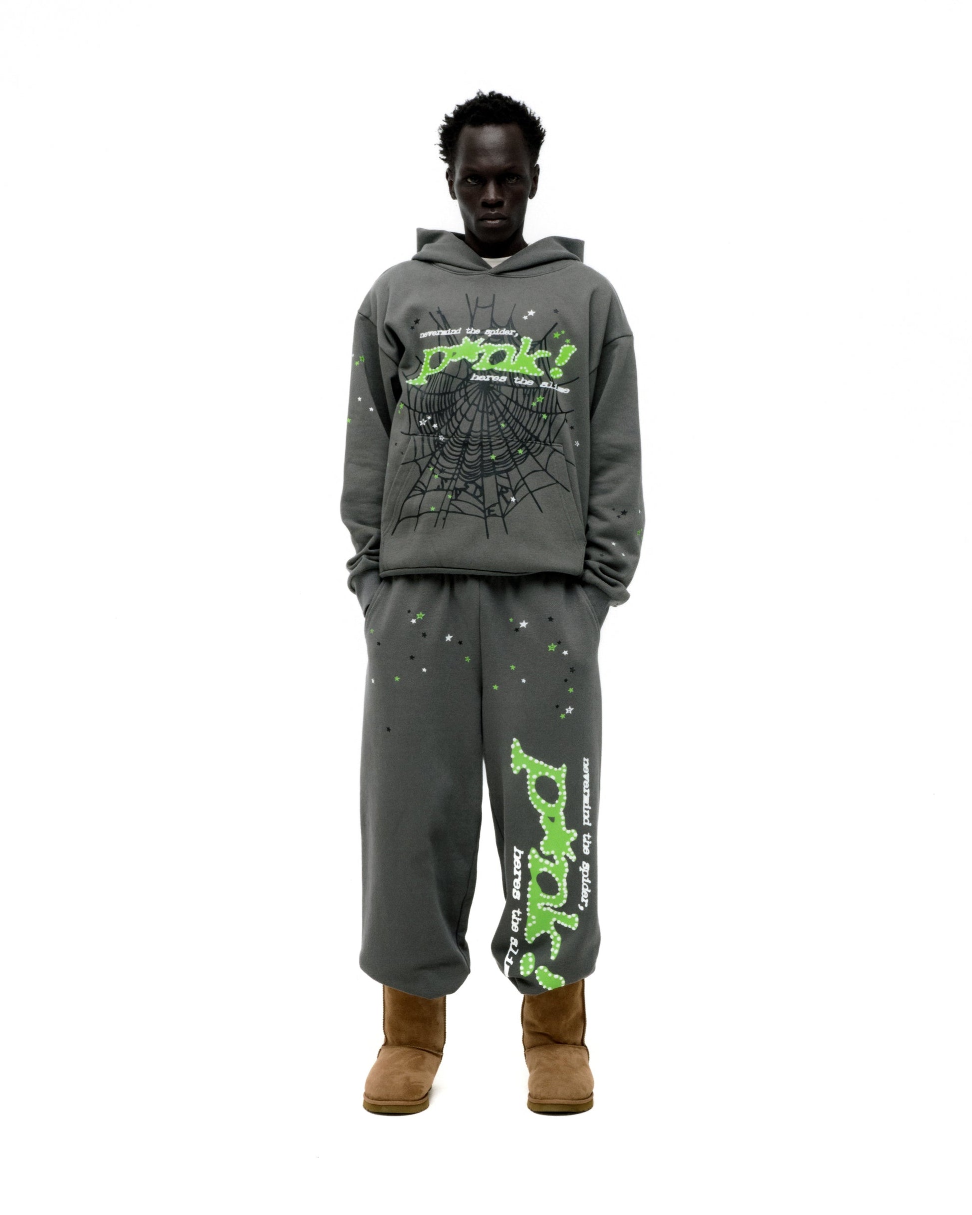 SP5DER Punk V2 Star Print Hoodie - Slate Grey - Detail View 7