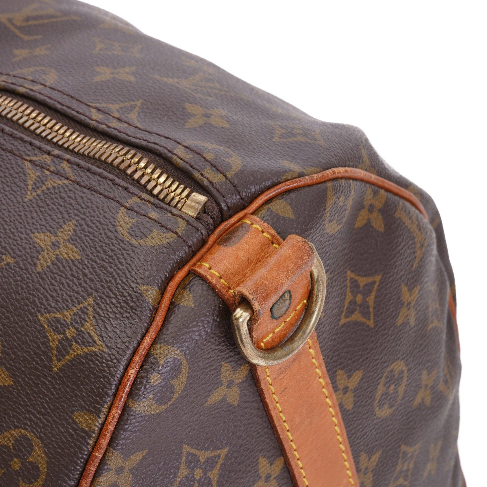 A close-up of the corners of the bag, showing the Monogram canvas