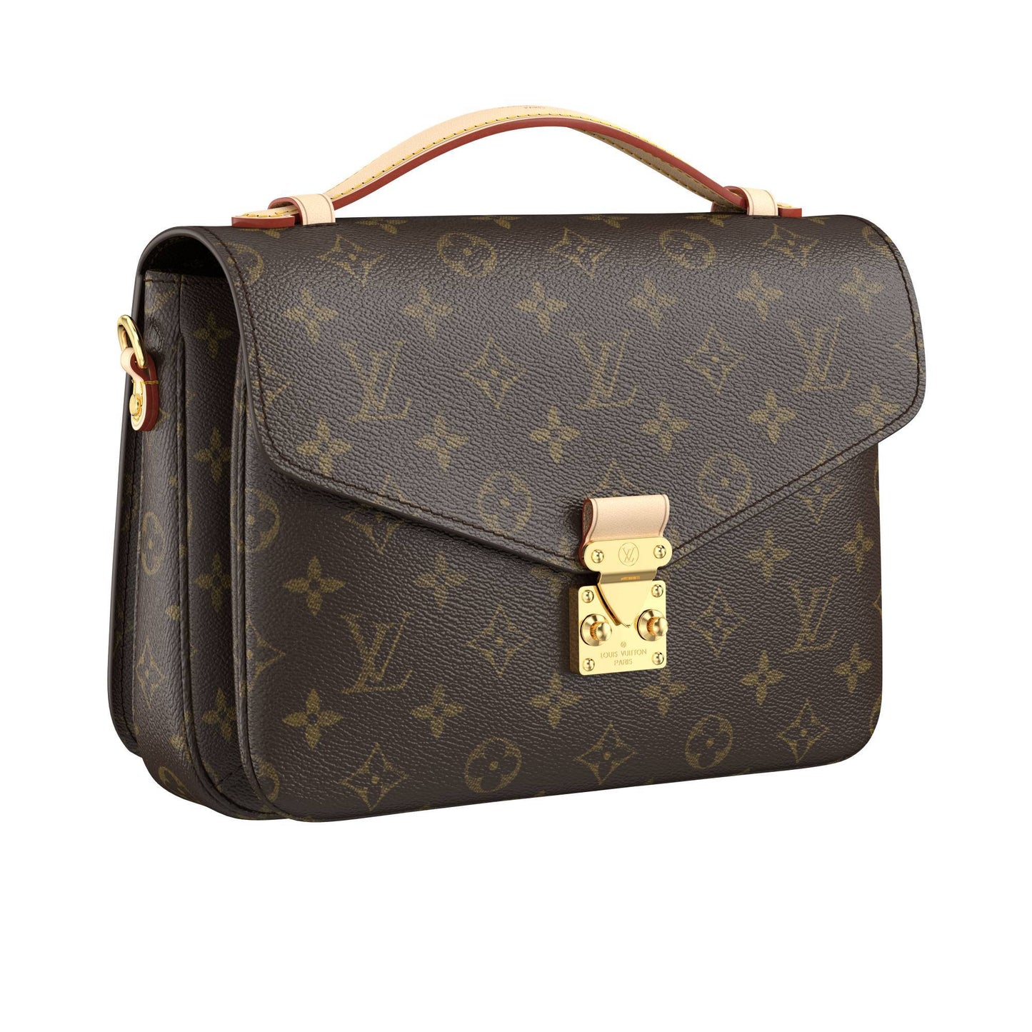 The bag with both its top handle and detachable strap visible