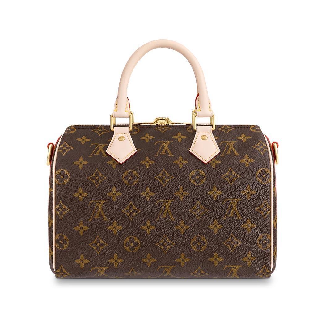 The Louis Vuitton Speedy 25 shown with its removable and adjustable shoulder strap