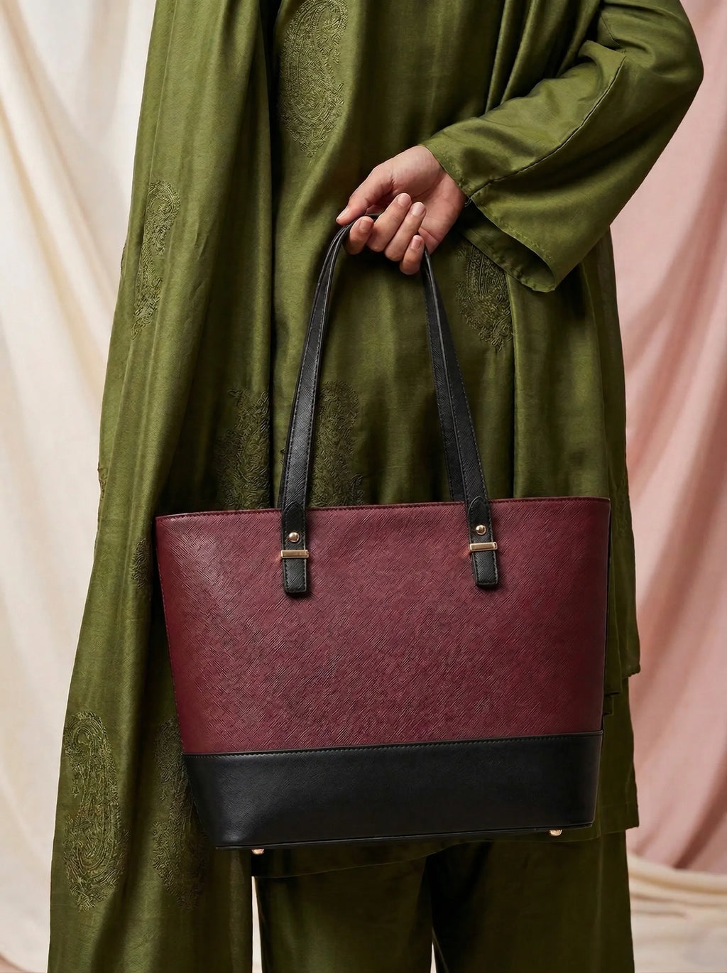 Bag It Grace Two-Tone Handbag - Maroon and Black Vegan Leather