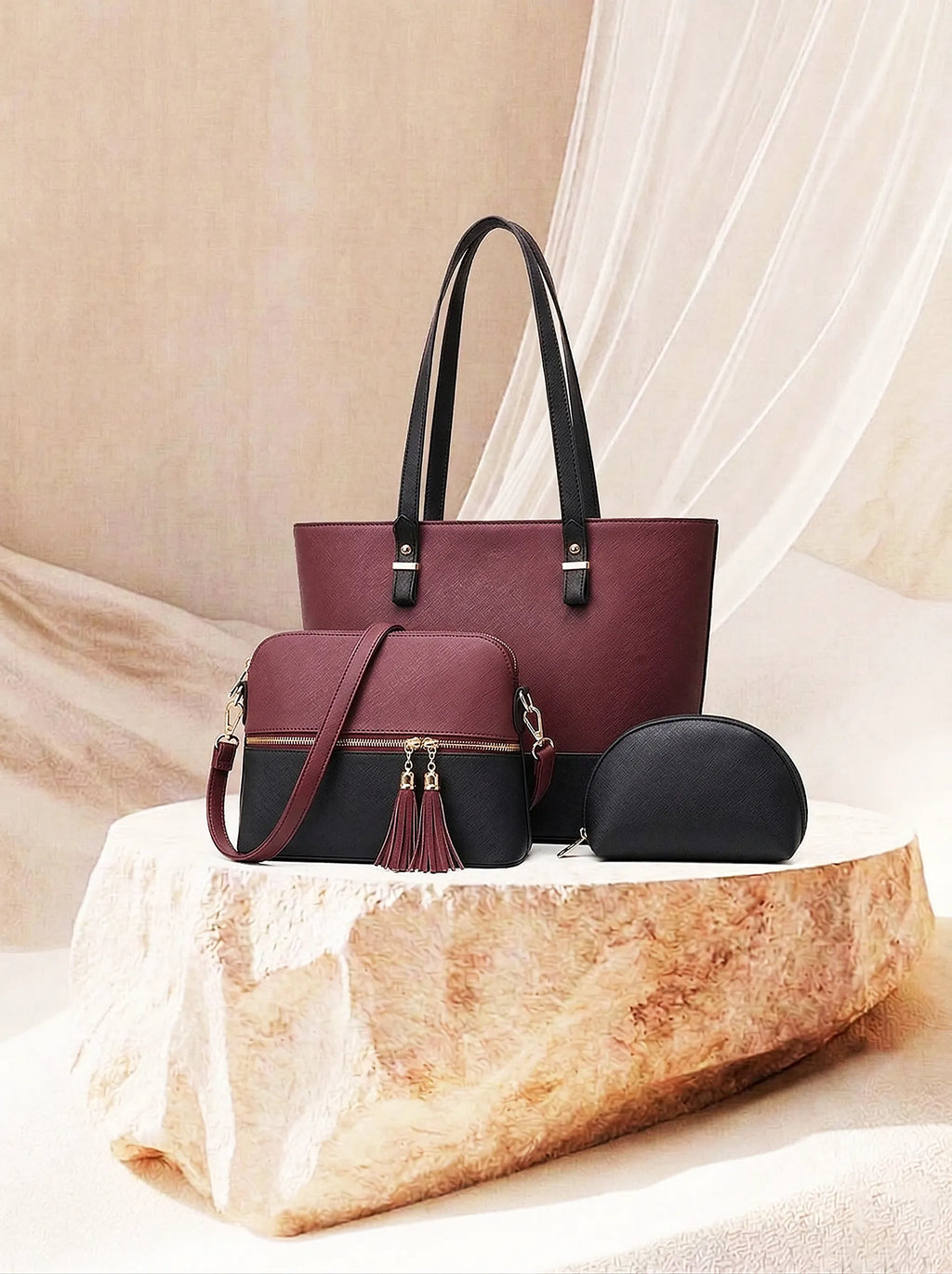 Bag It Grace Two-Tone Handbag - Maroon and Black Vegan Leather