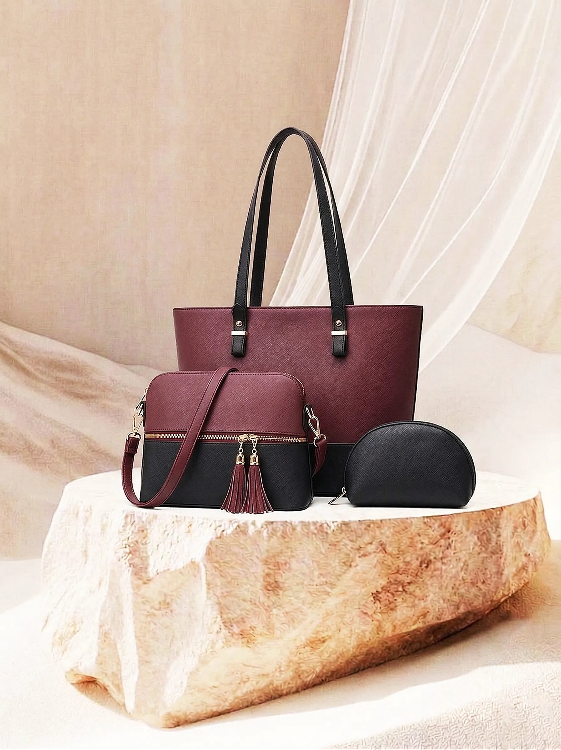 Bag It Grace Two-Tone Handbag - Maroon and Black Vegan Leather