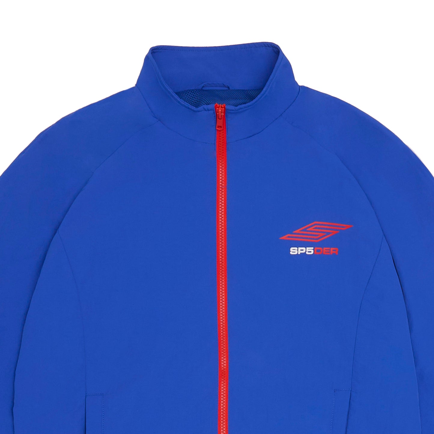 Detail view of mock neck on SP5DER Pro Windbreaker in Blue