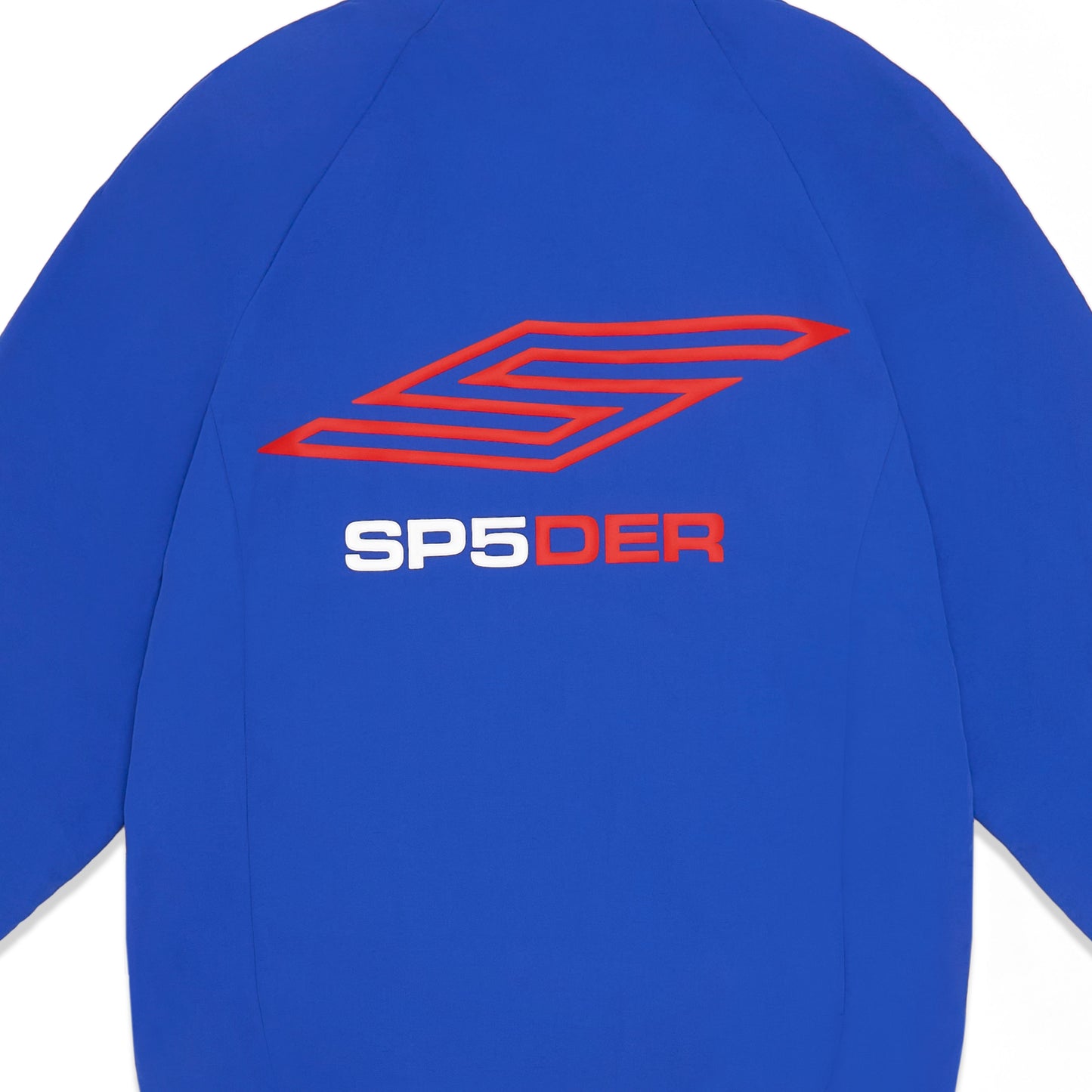 Detail view of contrast zip closure on SP5DER Pro Windbreaker in Blue