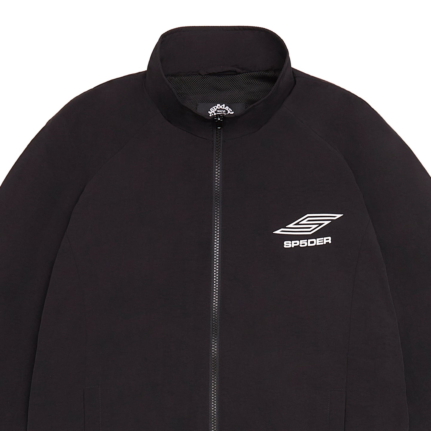 Detail view of mock neck on SP5DER Pro Windbreaker in Black