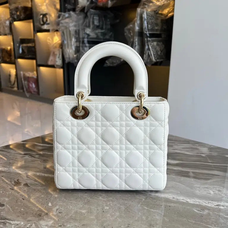 Side view of Dior Medium Lady Dior Bag in White