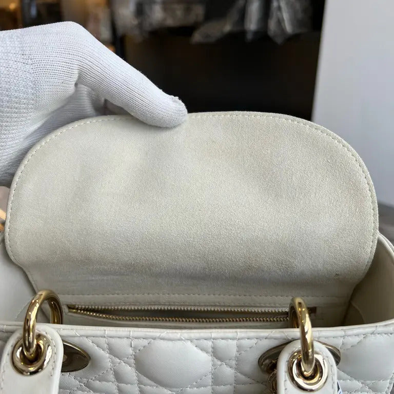 Detail view of shoulder strap on Dior Medium Lady Dior Bag in White